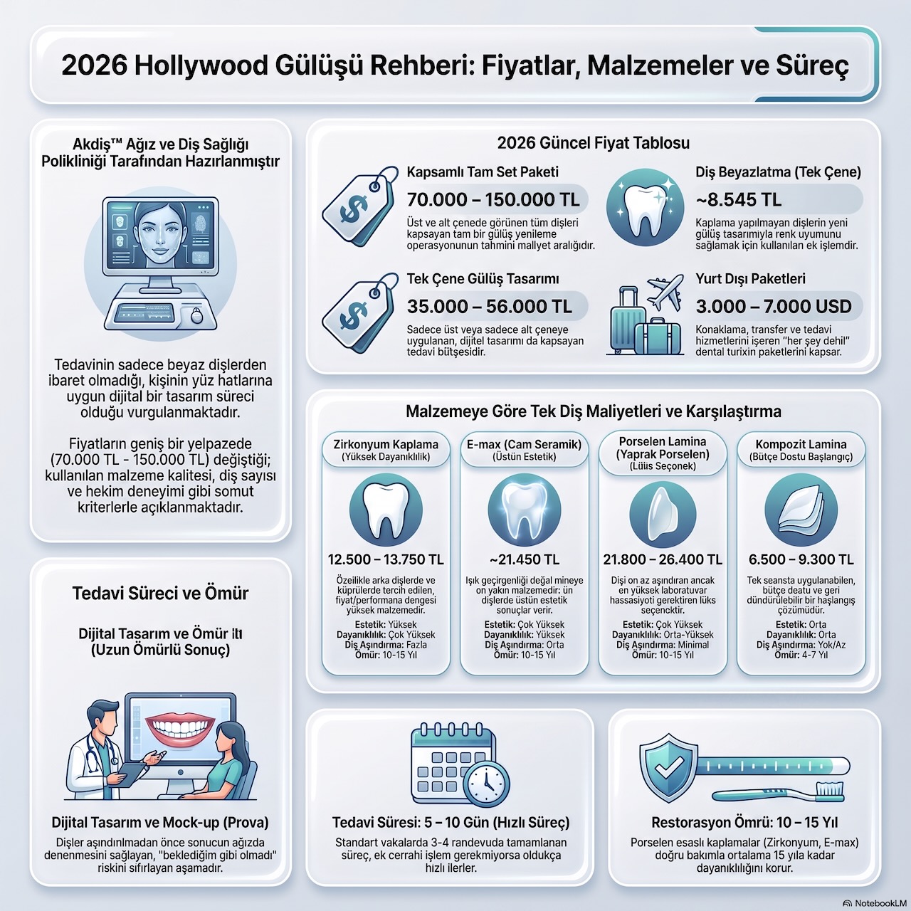 Bu rehberde Hollywood Gülüşü Fiyatları 2026 konusunu zirkonyum, E-max ve lamina gibi malzemeler